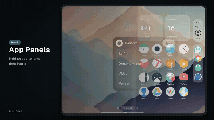 Folio personalization: tinted icons, left-handed mode, the Classic, Dark, Tinted and Clear themes, the Tweak Library, the Roadmap and the fold effect preview.